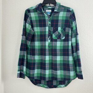 Columbia PFG‎ Henley Shirt Women M Green Blue Plaid Cotton Gorpcore Outdoor Barn